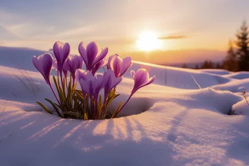 Tuinposter sunrise in the snow with purple crocus flower © Animaflora PicsStock