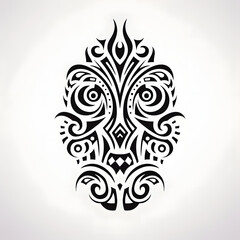 symmetrical tribal or Maori-style tattoo design that resembles a face. It’s black and set against a white background.