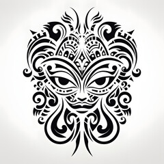 black tribal tattoo design resembling a mask or face with intricate patterns and details.