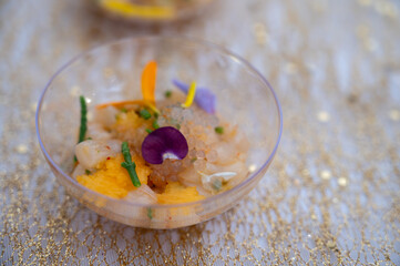 Degustation appetisers for visitors made by great chefs of high cuisine French restaurants, winter festival, Avenue de Champagne, Epernay, France