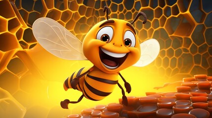 A delightful cartoon depiction of a cheerful bee joyfully situated amidst honeycombs, exuding happiness and vibrant energy - obrazy, fototapety, plakaty