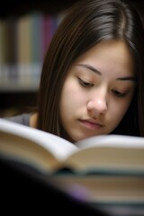 closeup shot of an unidentifiable female student reading from a textbook in the library