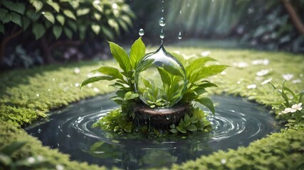 Big drop of water falls on a plant on a natural background - obrazy, fototapety, plakaty
