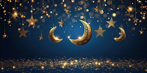 Obraz na płótnie Canvas Ramadan Crescent and Star Ornaments: A decorative design featuring crescent moons and stars as hanging ornaments, symbolizing the celestial symbols of Ramadan, Celestial Ornaments - Ramadan