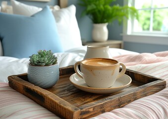 Fototapeta premium morning coffee in bed costal style