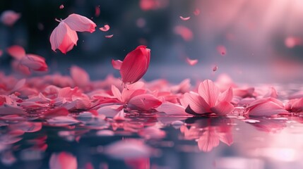 Beautiful colored flowers bloom on trees in spring in a lively garden. Presenting the beauty of nature under the blue sky Falling flowers, blurred background, and natural light.