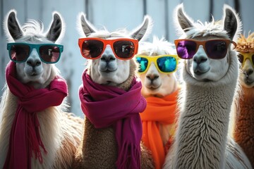 Cool llamas in scarves and sunglasses.