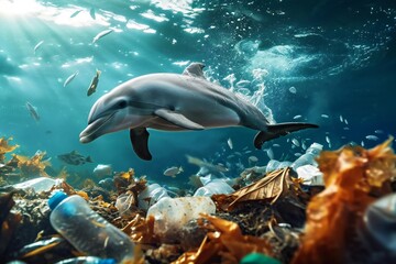 Naklejka premium Dolphin swimming gracefully around the trashy ocean.