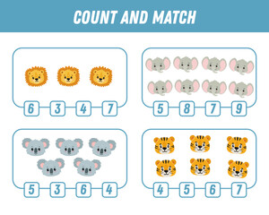 Fototapeta premium Education game for children count and match of cute cartoon animals, printable worksheet. Vector