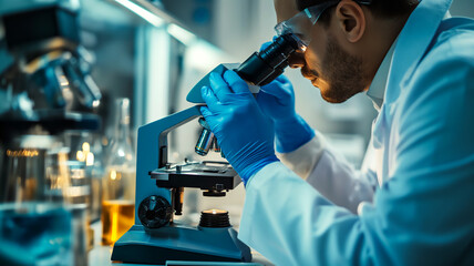scientist with lab coat microscope research in laboratory