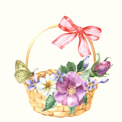 Basket with a bouquet of flowers, butterfly and bow. Watercolor illustration for postcard design.