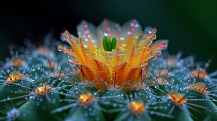 Macro photography of a cactus flower with drops of water - Generative AI