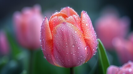 Pink tullip with morning dew - Generative AI