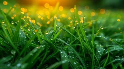 Close up macro shot of grass with morning dew - Generative AI