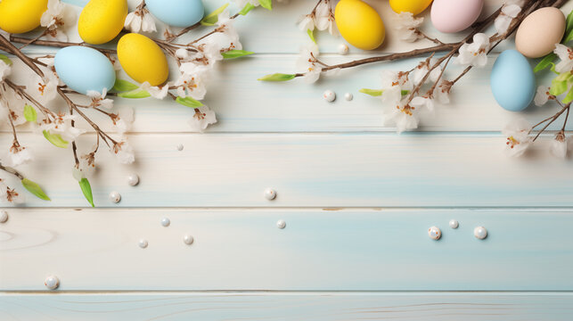 Easter colorful eggs with flowers on wooden table, flat layout. Beautiful festive background with space for copy, text and advertising. Wooden light background with easter decor