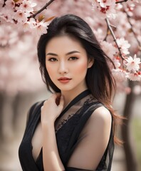 a woman in a  black dress standing in front of a tree  cherry blossom