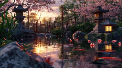 The warm sunset glow reflects on the tranquil waters of a koi pond by a traditional Japanese pavilion, surrounded by the soft pink hues of cherry blossoms. Resplendent.