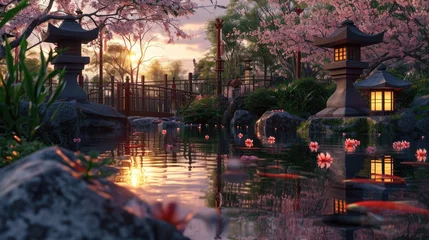 Fototapeten The warm sunset glow reflects on the tranquil waters of a koi pond by a traditional Japanese pavilion, surrounded by the soft pink hues of cherry blossoms. Resplendent. © Summit Art Creations