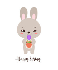 Adorable rabbit spring vector illustration. Kawaii bunny holding crocus flower pot. For Easter greeting card, poster, invitation. Hello spring text. Playful and tender graphic for kids and adults.