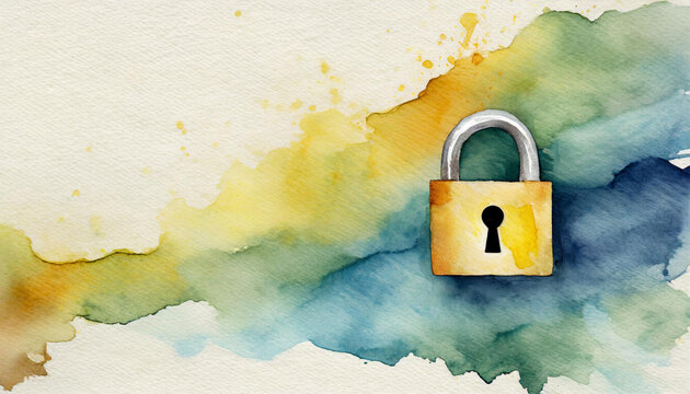 Padlock icon, watercolor art, canvas background, copy space on a side - Concept for security