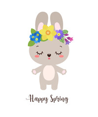 Adorable cute rabbit spring vector illustration. Kawaii bunny flower wreath on head. Hello spring text. Easter greeting card, poster, invitation, sticker. Playful tender character for kids designs.