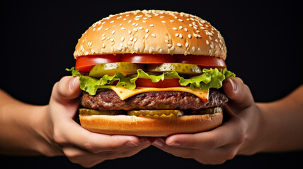 Hamburger in hand isolated on dark background