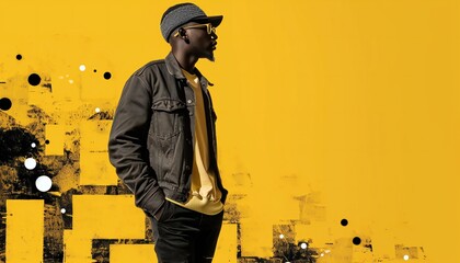 Man in urban rap fashion closes on yellow. - obrazy, fototapety, plakaty