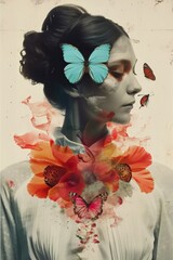 Woman with Butterfly and flowers.