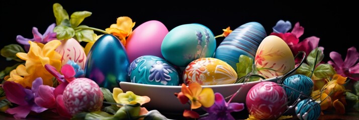 Colorful and shiny Easter eggs with flower decoration on dark background. Multicolor painted eggs...