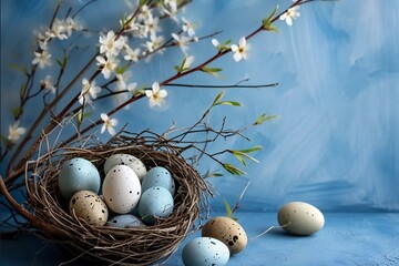 Nest with Easter eggs on blue background