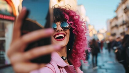 Joyful woman influencer, adorned in pink attire, capturing a selfie.
