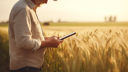 male farmer hand using tablet in wheat field with to keep digital tax record - obrazy, fototapety, plakaty