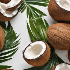 Fototapeta na wymiar coconuts and palm leaves on white background