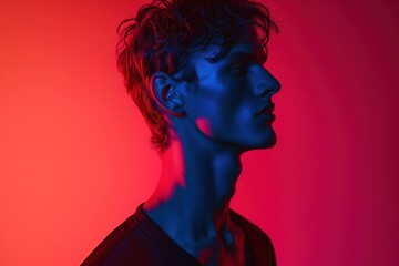 A sensual fashion portrait of a thin young man wearing a black shirt, set against a vibrant red and blue color