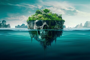 Fantasy skull island with lush greenery and a perfect water reflection on a clear day