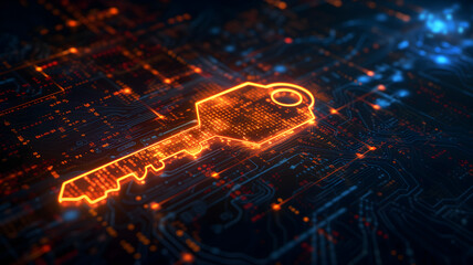 Orange holographic key icon on flat glowing futuristic circuit board background. Neural network generated image. Not based on any actual person or scene.
