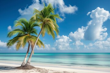 Two tall palm trees sway on a deserted sandy beach against a backdrop of azure sky and white clouds