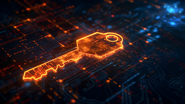 Orange holographic key icon on flat glowing futuristic circuit board background. Neural network generated image. Not based on any actual person or scene.