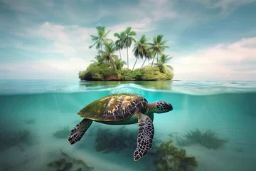 Foto op Canvas A sea turtle glides gracefully underwater near a sunlit tropical island with lush greenery and clear blue ocean © mendor