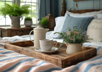 Fototapeta na wymiar morning coffee in bed costal style