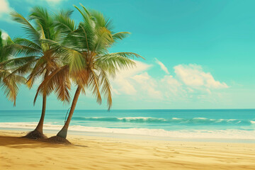 Fototapeta na wymiar Sandy tropical beach scene with lush palm trees swaying over a tranquil azure ocean under a clear blue sky