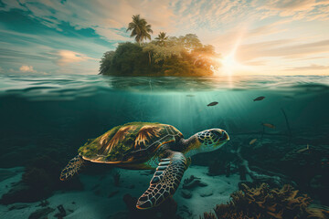 Dramatic underwater view of a sea turtle against a sunset, with striking sunrays piercing through the ocean surface