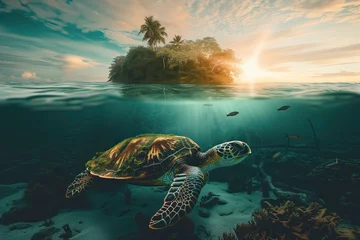 Poster Dramatic underwater view of a sea turtle against a sunset, with striking sunrays piercing through the ocean surface © mendor