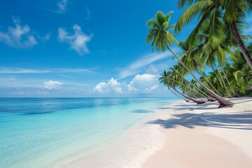A pristine, deserted beach with crystal clear waters and leaning palm trees, evoking a sense of paradise
