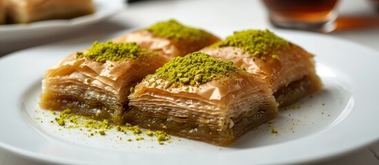 A mouthwatering close-up of baklava, a delicious baked dish made with pistachios, a popular ingredient in Middle Eastern cuisine.