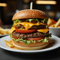 Illustration design The fresh and delicious cheese hamburger with fries on a dark black background