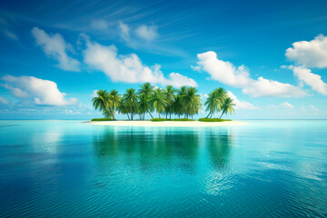 Small secluded island with lush palm trees surrounded by endless blue waters under a clear sky