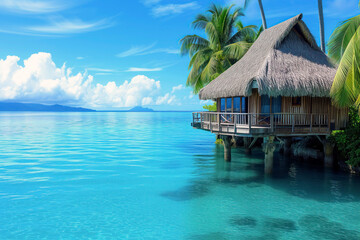 Idyllic scene of a thatched roof bungalow extending over tranquil blue sea with lush palm trees and clear sky