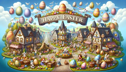 Obraz na płótnie Canvas Whimsical Easter Village: A Decorative Easter Sign