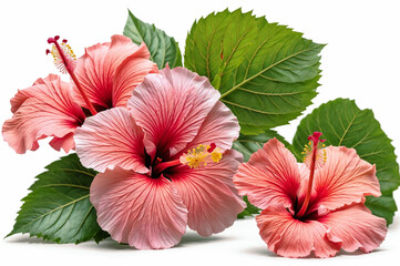 A pink hibiscus flower with green leaves on a gray background. ai generative